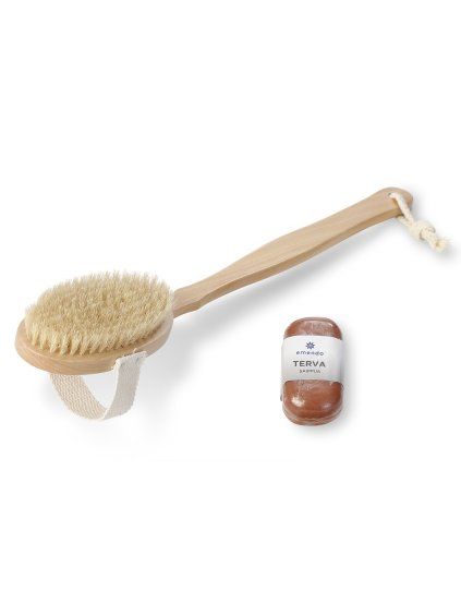 SET Dřevěný kartáč do koupele s dehtovým mýdlem